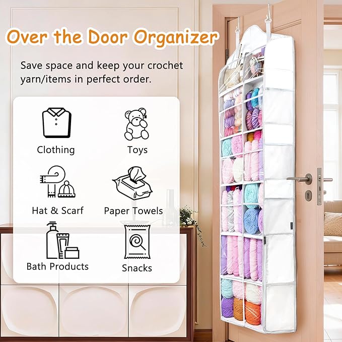 MYBAGZING Hanging Yarn Storage Organizer with Zipper Pockets, 6 Tiers Over the Door & Closet Yarn Holder, Large Crochet & Knitting Organizer with Side Pockets for Hooks, Needles & Accessories