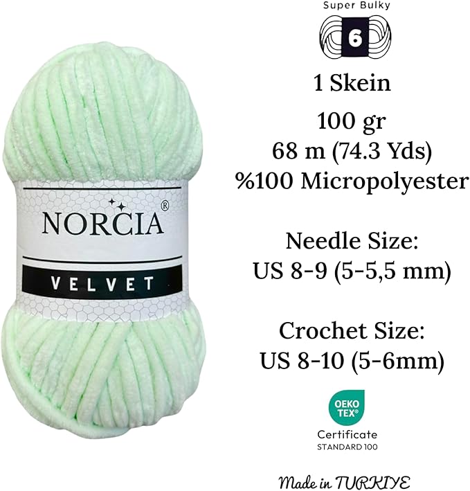 Soft Velvet Chenille Yarn for Crocheting Baby Blanket, Knitting, Amigurumi, Fancy Crochet Weaving Craft (Light Green, 3 Skeins)
