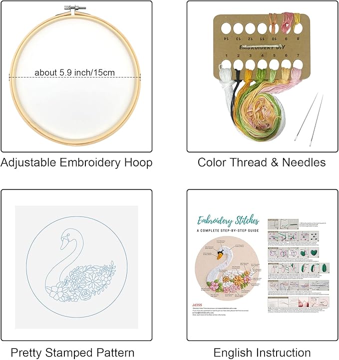 louise maelys cute animal embroidery kits for beginners,cross stitch kit for adults starters,diy needlepoint tool including swan and flower pattern,hoop,instruction and threads