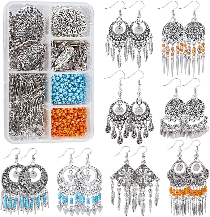 SUNNYCLUE 1 Box DIY 10 Pairs Chandelier Charms Earring Making Kit Boho Charms for Jewelry Making Feather Cone Pendants Flat Round Head Pins Eye Pins Jump Rings Antique Silver Adult Women