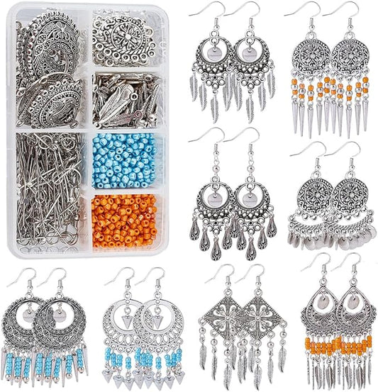 SUNNYCLUE 1 Box DIY 10 Pairs Chandelier Charms Earring Making Kit Boho Charms for Jewelry Making Feather Cone Pendants Flat Round Head Pins Eye Pins Jump Rings Antique Silver Adult Women