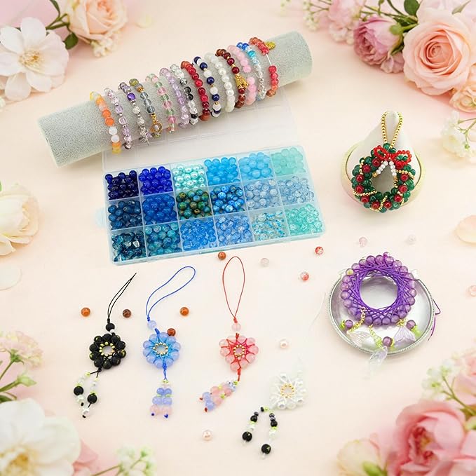 Hanyoung 8mm Glass Beads for Bracelet, Assorted Dreamy Blue Ocean Series 18 Colors 450 pcs Beads for Jewelry Making kit, Crystal Glass Round Beads for DIY Crafts Gifts (Blue Color)