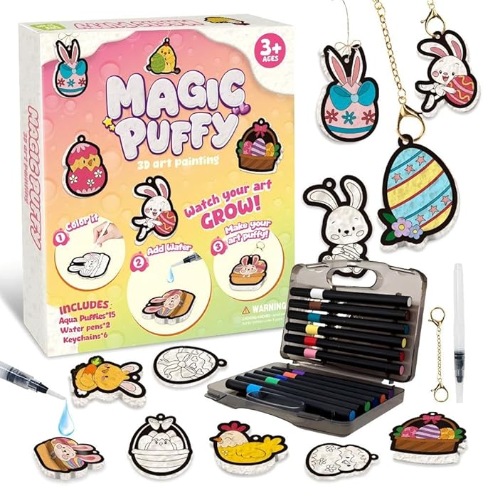 MZYTOZA Magic Foam Texture Painting Kit - 3D Art Craft Aqua Magic Puffs Paint Kit, 15 Mess-Free Paint by Number Craft for Kids (Double-Sided Aqua Magic Puffs Easter Bunny)