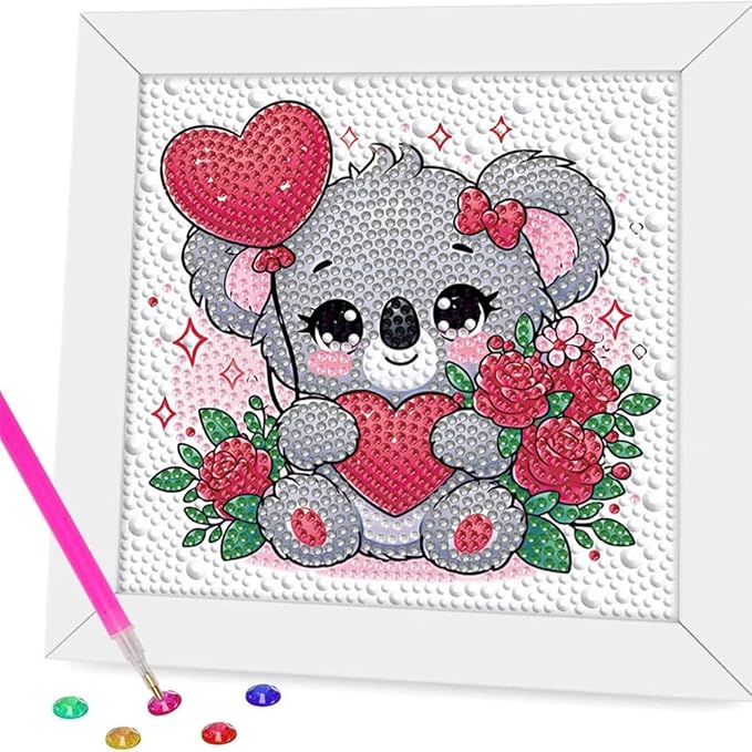 PERFECTSIGHT Cute 5D Diamond Art Kits with Wooden Frame, Kawaii DIY Painting Art for Adults, Diamond Arts and Crafts Sets, Big Gem Full Drill Diamond Dots for Women (White Koala)