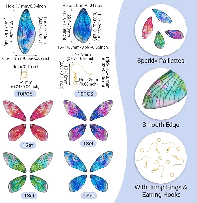 FASHEWELRY 16Pcs Resin Wing Charms Gradient Butterfly Wing Earring Charms Colorful Insect Wings Pendants with Jump Rings Earrings Hooks for DIY Earring Jewelry Making Kits