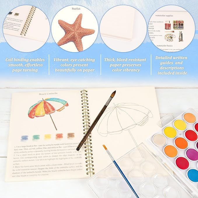 Watercolor Workbooks ，24 Colors Water Books Paint Set，Watercolor Coloring Book for Beginners Art Crafts Painting Kit Nature Scenes Paint Set for Creative Exploration Gift for Adults Teens (Vacation)