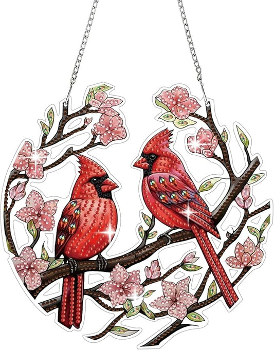 DIY Hanging Diamond Pendant Special Shaped Crystal Diamond Art Painting Ornament Single Sided for Window Home Garden Wall Door Decor (Large-Cardinal)