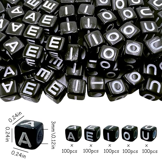 MIIIM 500pcs Vowel Pony Letter Beads for Keychains Making (A, E, I, O, U), 6x6mm Large Hole Square Letter Beads for Bracelets Making, Alphabets, Numbers (Black and White)