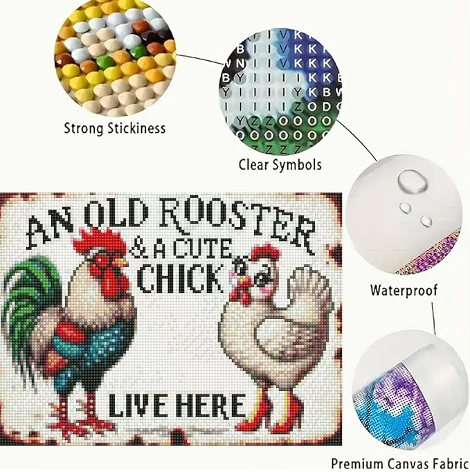 5D Diamond Art Painting Kits for Adults, An Old Rooster & A Cute Chick Live Here Chicken Art Kits For Beginner,DIY Vintage Full Round Gem Crystal Art Paint by Diamond Home Wall Decor12X16inch