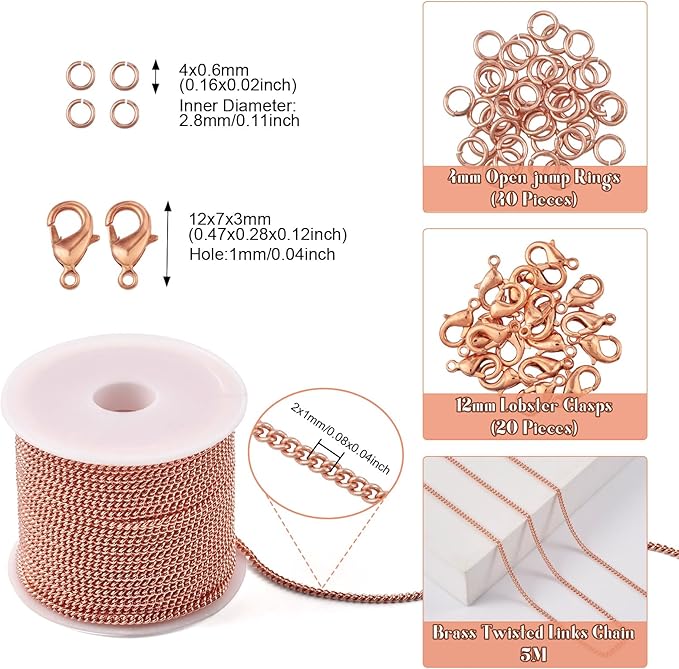 Pandahall 16.4 Feet Real Rose Gold Plated Brass Curb Chain Unwelded Twisted Jewelry Link Chains Bracelet Necklace Making Kit with Lobster Claw Clasps Jump Rings for DIY Jewelry Making