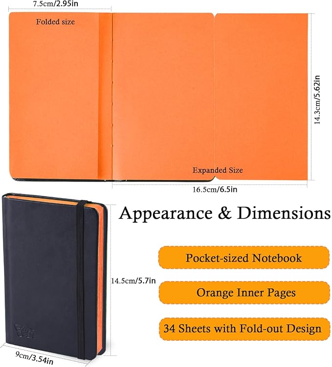 Small Premium Orange Art Sketchbook,5.7 x 3.54 inches Mixed Media Notebook,34 Sheets 120 GSM Acid-Free Folding Drawing Papers, Hardcover Pocket Journal Sketchbook for All Artists