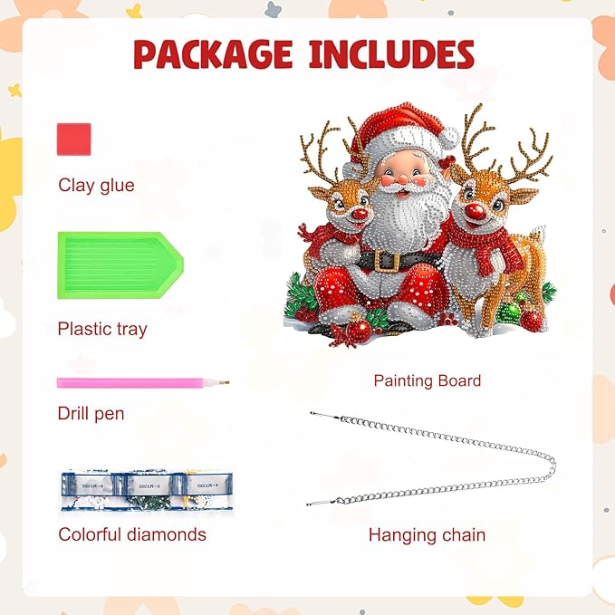 MAXBYE Christmas Diamond Art Kit for Adults, Santa Claus Acrylic Diamonds Painting Hanging Pendant Kit, 5D DIY Elk Gem Art Kit for Home Wall Decor
