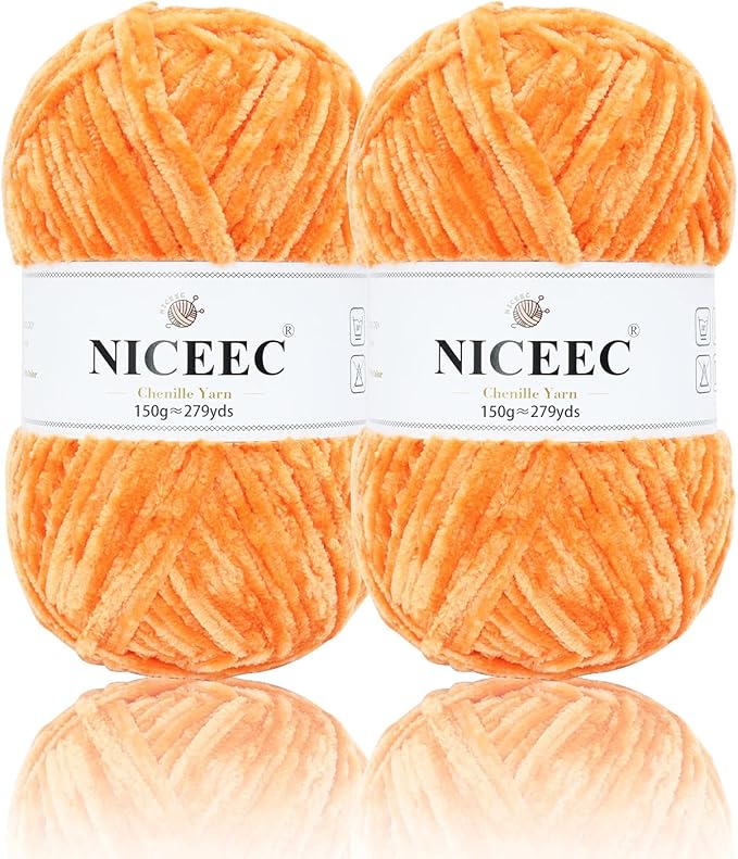 NICEEC 2 Skeins Soft Chenille Yarn Blanket Yarn for Knitting Fancy Yarn for Crochet Weaving DIY Craft Total Length 2×255m (2×279yds, 2×150g)_Orange