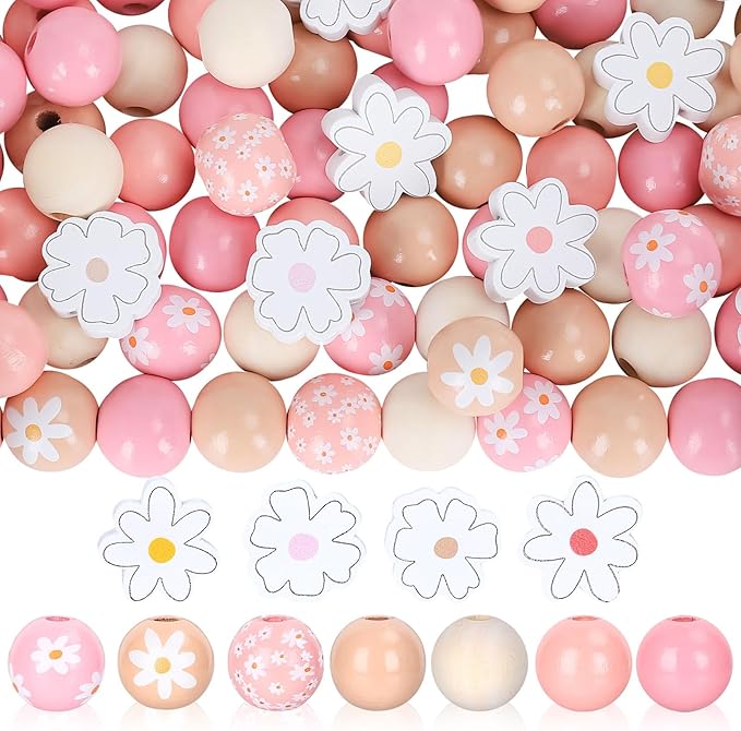 Whaline 230 Pcs Boho Daisy Wooden Beads Summer Flower 16 Mm Round Loose Beads 20 Mm Daisy Bead Natural Colorful Floral Printed Bead for DIY Crafts Jewelry Necklaces Bracelet Keychain Making