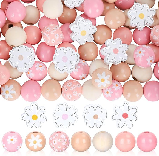 Whaline 230 Pcs Boho Daisy Wooden Beads Summer Flower 16 Mm Round Loose Beads 20 Mm Daisy Bead Natural Colorful Floral Printed Bead for DIY Crafts Jewelry Necklaces Bracelet Keychain Making