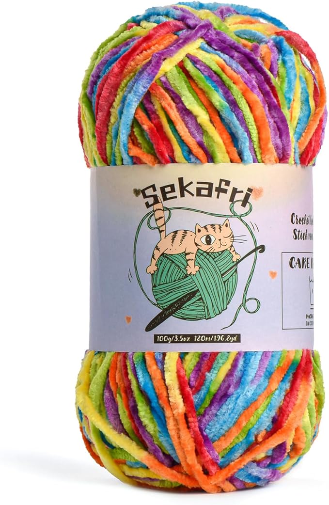 Fuzzy Chenille Yarn for Crocheting, Fluffy Amigurumi Crochet Yarn for DIY Craft/Hat/Shoes, (100g/197yds) Soft Velvet Baby Blanket Yarn（Rainbow）