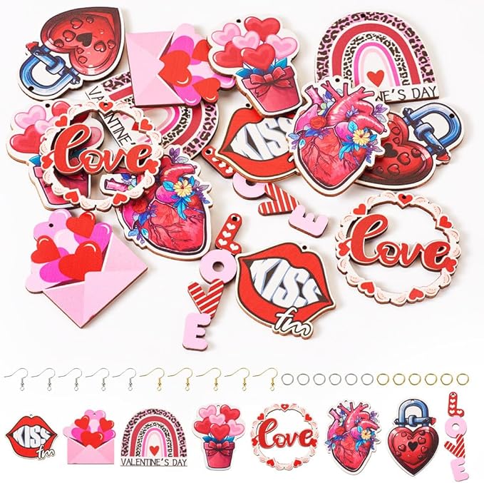 Elecrelive Valentine Earring Making kit 16pcs Wooden Dangle Charms Big Wood Pieces & 40pcs Earring Hooks 40pcs Jump Rings for Women Pierced Earrings Mother's Day Gift