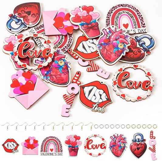 Elecrelive Valentine Earring Making kit 16pcs Wooden Dangle Charms Big Wood Pieces & 40pcs Earring Hooks 40pcs Jump Rings for Women Pierced Earrings Mother's Day Gift
