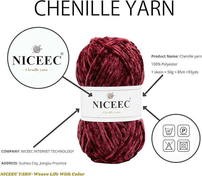 NICEEC 3 Skeins Soft Chenille Yarn Blanket Yarn for Knitting Fancy Yarn for Crochet Weaving DIY Craft Total Length 3×85m (3×93yds, 3×50g)_Sauce Red
