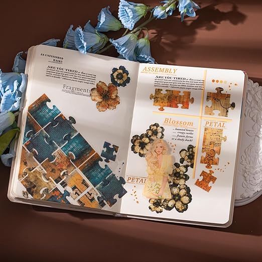 6-Roll Puzzle Piece Floral PET Tape Set – Pre-Cut Transparent Vintage Collage Flower Stickers for Scrapbooks Journals Planners Cards & DIY Craft Decoration