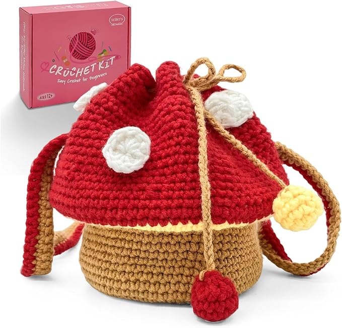 SGIBYN Crochet Kit for Beginners with Step-by-Step Video Tutorials – DIY Mushroom Crossbody Purse Bag, Crochet Bag Kit for Women, Knitting Kit, Handcraft Kit