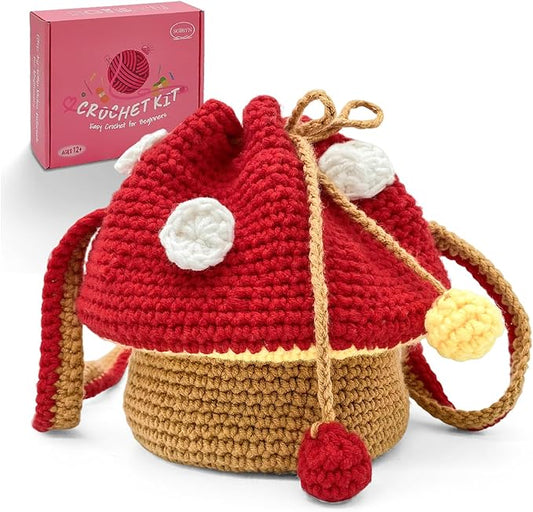 SGIBYN Crochet Kit for Beginners with Step-by-Step Video Tutorials – DIY Mushroom Crossbody Purse Bag, Crochet Bag Kit for Women, Knitting Kit, Handcraft Kit