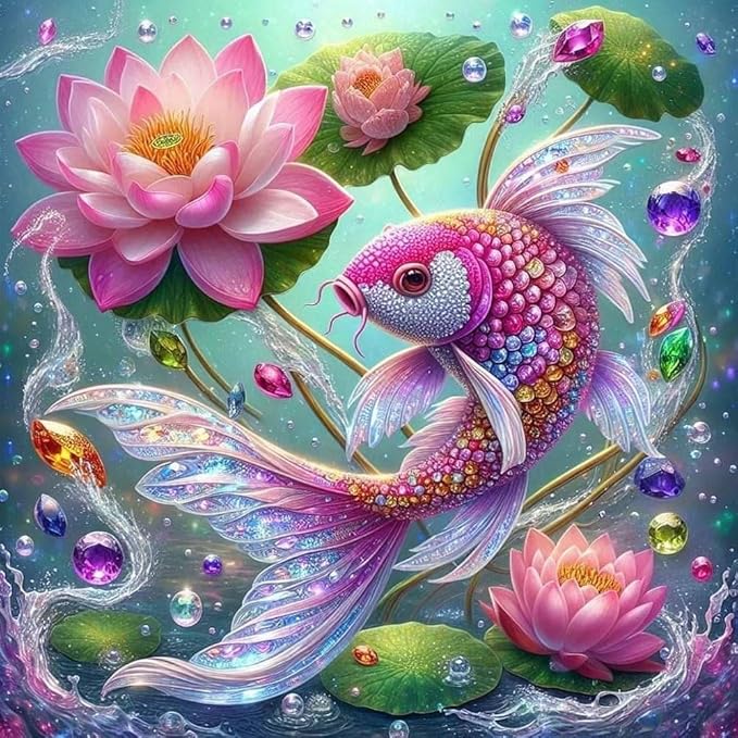 WSLWXSHM Diamond Painting Kits for Adults Fish, Lotus Round Full Drill Diamond Art Kits, 5D DIY Paint with Diamonds Crafts for Home Wall Decoration Gifts 12×12Inch