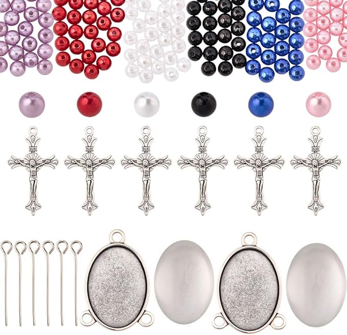 SUNNYCLUE 778Pcs DIY 6 Sets Rosary Making Kits Rosary Crosses Cross Charms Cabochon Bezel Setting with Glass Cabochons Imitation Pearl Beads Crucifix Charms for Women Men Memorial Gifts Supplies