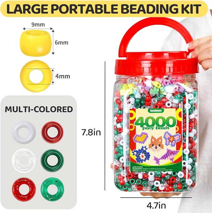 iooleem christmas solid & glitter bulk pony beads - 4000pc kit for friendship bracelets & jewelry making, easy storage