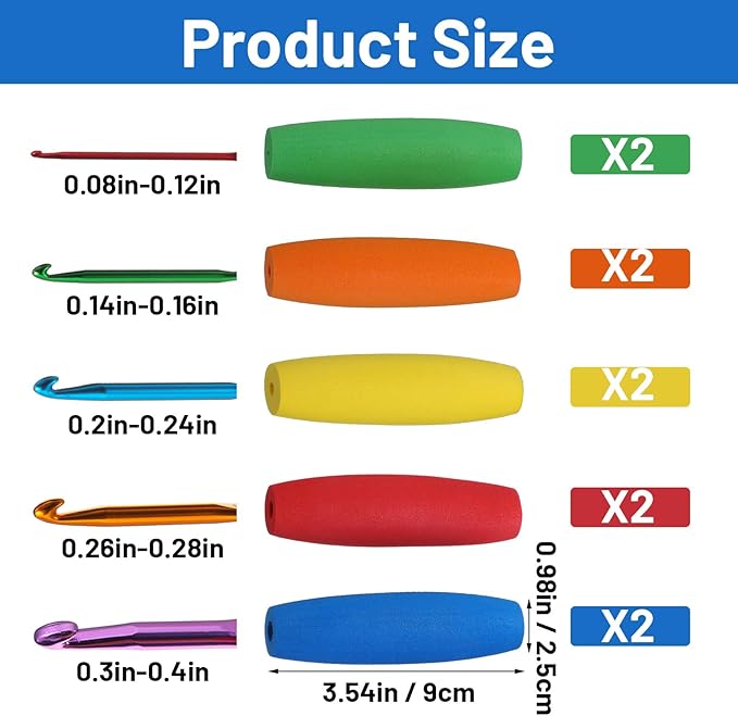 10 Pcs Ergonomic Crochet Hook Grip, Soft Removable Handle Cushions for Crochet Hooks 2mm-10mm, Soft EVA Comfort for Arthritic Hands, Lightweight & Easy to Use