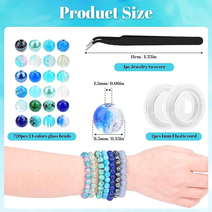 PAXCOO 720pcs Glass Beads for Jewelry Making 8mm, 24 Colors Bead Bracelet Making Kit Blue Round Loose Beads for Bracelet Earring Necklace Jewelry Making Supplies