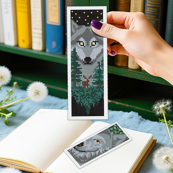 ORIGACH 6 Set Wolf & Forest Cross Stitch Bookmark Kit for Beginner with Backing Felt Floss Instructions DIY Stamped Embroidery Bookmark Kit for Adults, Book Lovers