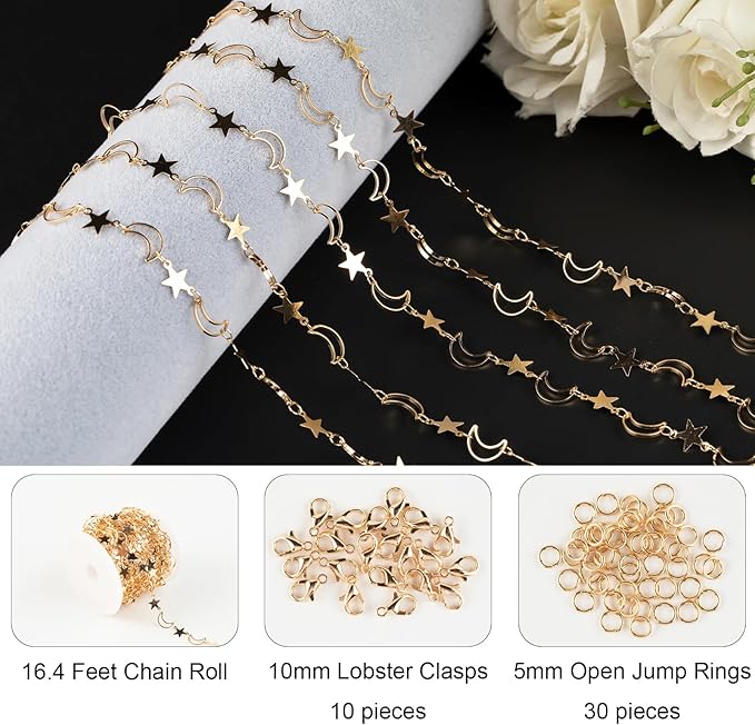 Jabogrii 5 Meters Star Moon Jewelry Making Chains Gold Plated Brass DIY Jewelry Making Supplies Necklace Bracelet Craft Chain Roll for Jewelry Making