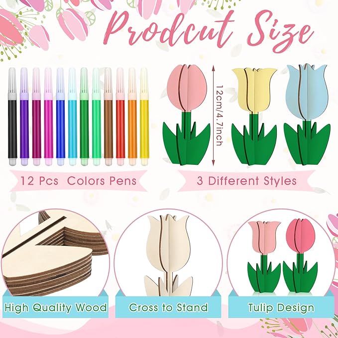 MotiMind 60 Pcs Spring Crafts Set 48 Pcs 3D Wooden Flower Cutouts Unfinished Tulip Slices Wood Daisy to Paint with 12 Colored Pens for Mother's Day Summer Floral Handmade Craft DIY Project
