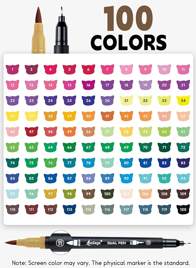 100 Colors Dual Brush Markers, Fine and Brush Tips Numbered Pens with App for Adults, Coloring Book Bullet Journaling Note Taking Planner Hand Lettering Calligraphy Drawing Art Supplies Kit