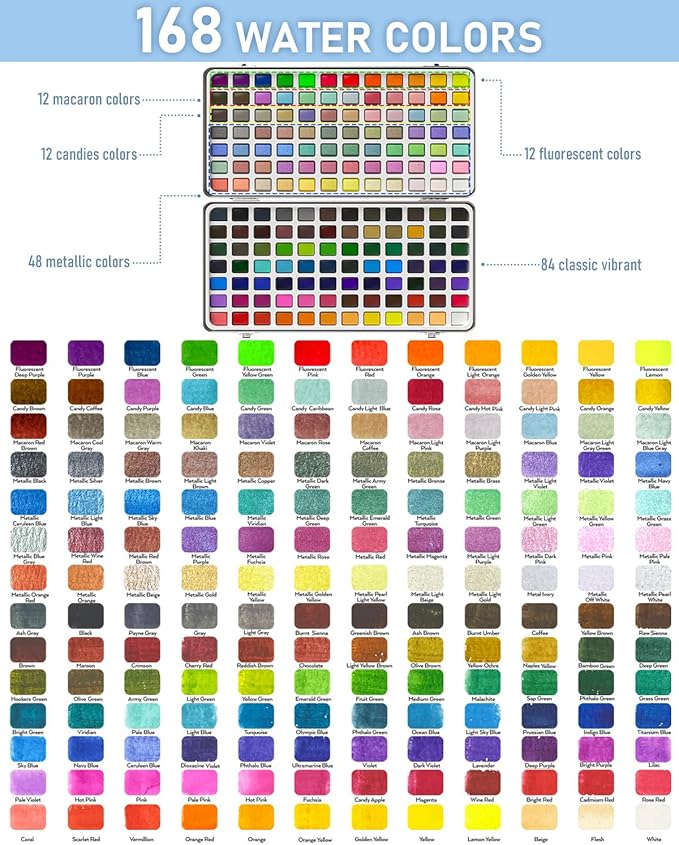 nicpro 168 colors watercolor paint set include metallic macaron candy fluorescent, 8 synthetic squirrel painting brushes, 25 water color paper, palette, art supplies kit for artist adult beginner with box