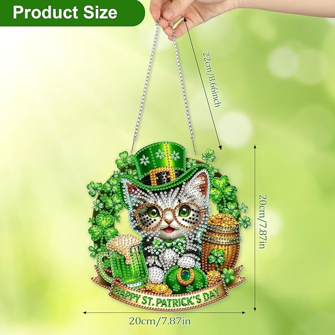 CEOVR St. Patrick's Day Diamond Painting Pendant, Cat Hanging Diamond Art for Adults, DIY Gem Art Wall Hanging Ornament, Acrylic Home Garden Decor with Chain, Box Kit 7.55×7.87inch