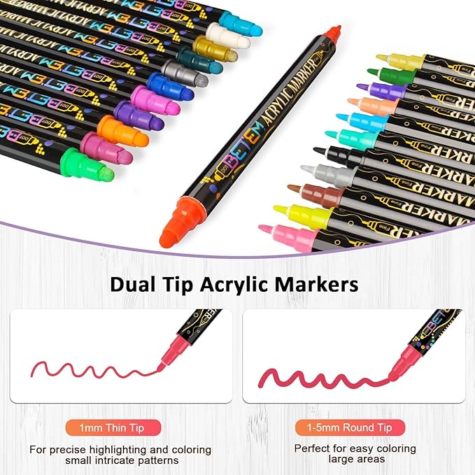 Betem 24 Colors Dual Tip Acrylic Paint Pens Markers, Fabric Decorating Kits Premium Water-Based Acrylic Paint Markers for Fabric, Rock, Wood, Glass, Eggs, Canvas, Ceramic, Easter Basket Stuffers