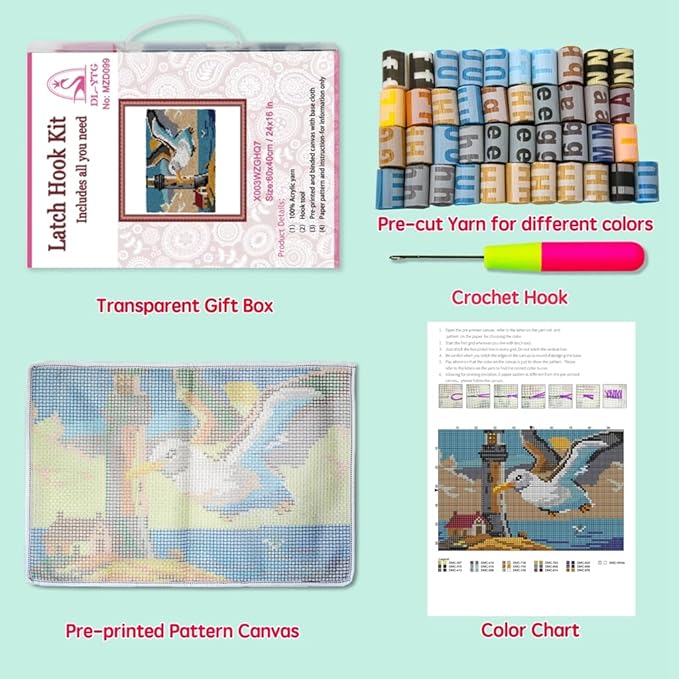 DL-YTG Latch Hook Kits Rug Seagull Crochet Yarn Cushion Colour Pre-Printed Canvas Cover Rug Needlework DIY Hook and Latch Kit Christmas Home Decoration 60X40cm/24x16 inch