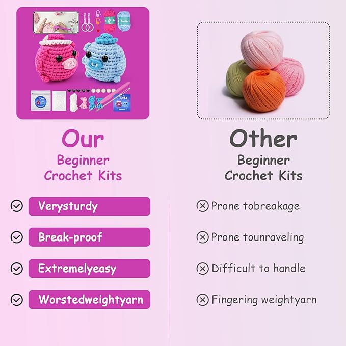 Vanttokeey Crochet Kit for Beginners, Animal Amigurumi Crochet Kits Included, Step-by-Step Video Tutorials, Beginner Crochet Kit for Adults and Kids, Crocheting Starter Set (Pig RoBo)