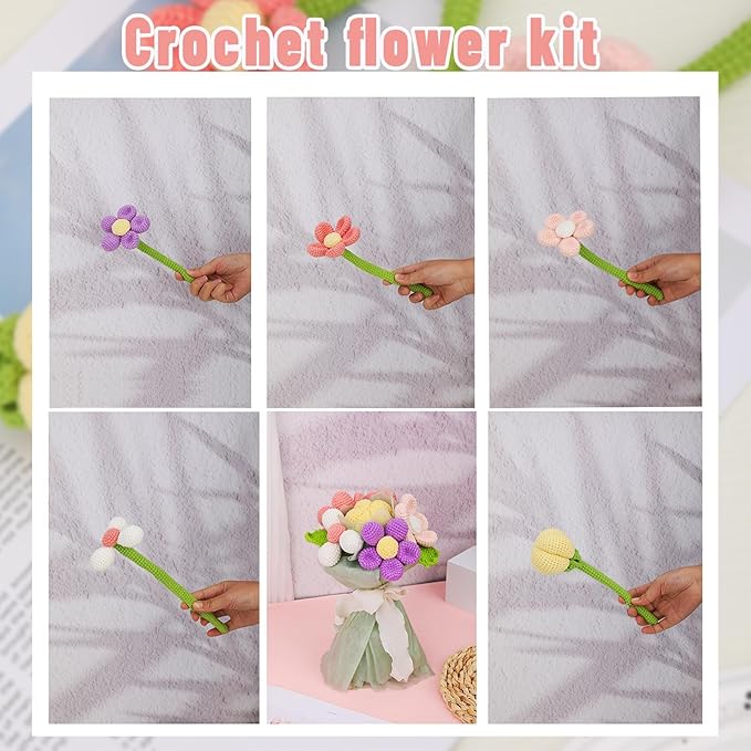 Iuuidu Crochet Kit for Beginners, Flower Bouquet Crochet Kit, Crochet Starter Kit for Beginners Adults with Step-by-Step Video Tutorials for Birthday Day Wedding Present, DIY Home Decor