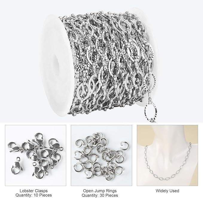 Kyutong Texture Oval Circle Chains for Jewelry Making 16.4 Feet Stainless Steel Silver Chain with Jewelry Supplies for Men Women DIY Necklace Crafts