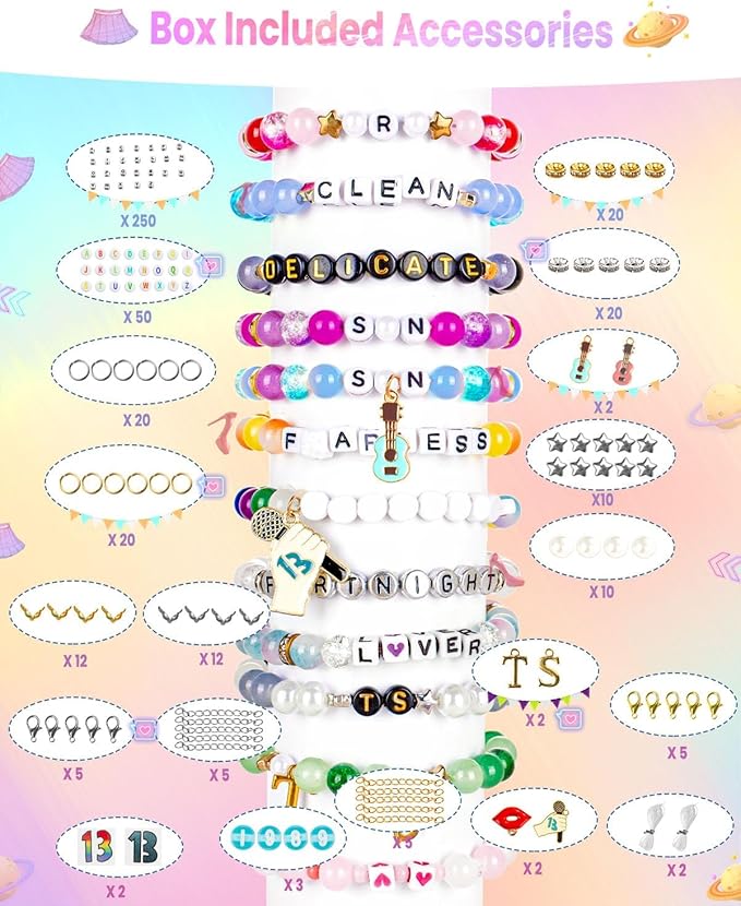 Goldwise Friendship Bracelet Making Kit for Fans -19 Colors(Album Inspired) 8mm Glass Beads for Jewelry Making,Letter Beads (A-Z),Varieties of Charms, DIY Crafts for Gifts Birthday