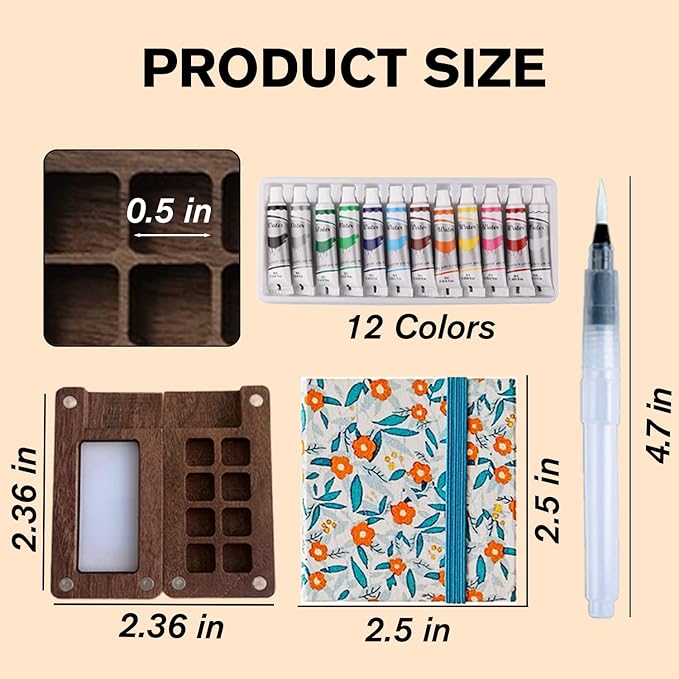 Aimery Mini Watercolor Paint Travel Set, Portable Small Miniature Pocket Water Color Painting Kit with Wooden Palette & Sketchbook(Orange Flower)