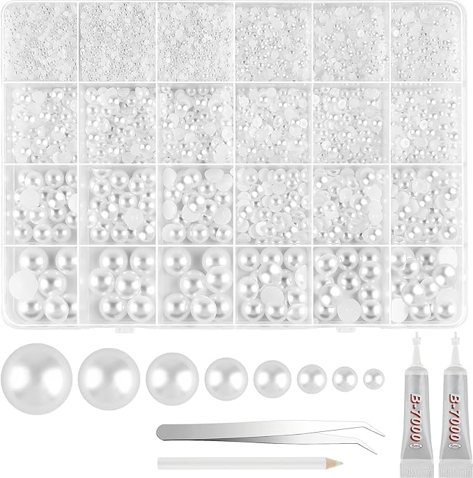 NEBURORA 13000 Pcs White Flat Back Pearl Kit 8 Sizes with Tweezer and Picker Pencil Flatback Pearl Beads Half Round Pearls for Crafting DIY Crafts Nails Makeup Shoes Phone Case