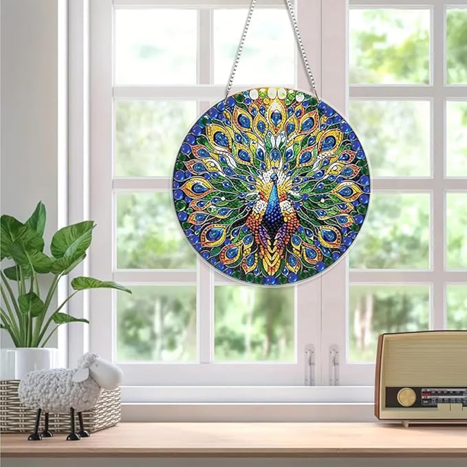 JBTM24 9.8x9.8 inch Hanging Diamond Art Pendant Kits, Double Sided Diamond Painting Hanging Sign with Chain, Special Shaped Crystal Art Ornament (Peacock)
