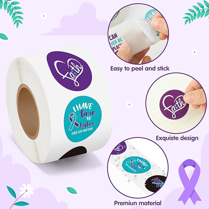 beyumi suicide awareness roll stickers - 1000pcs suicide prevention awareness stickers in 2 rolls waterproof vinyl teal purple ribbon decals laptop bottle notebook luggage gift decor for kids teens