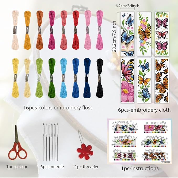 ORIGACH 6 Pcs Cross Stitch Bookmark Kit for Beginner Adults, Butterflies and Flowers Stamped Embroidery Bookmark Kit with Instruction for Starters Printed Cross Stitch DIY Kits for Book Lovers