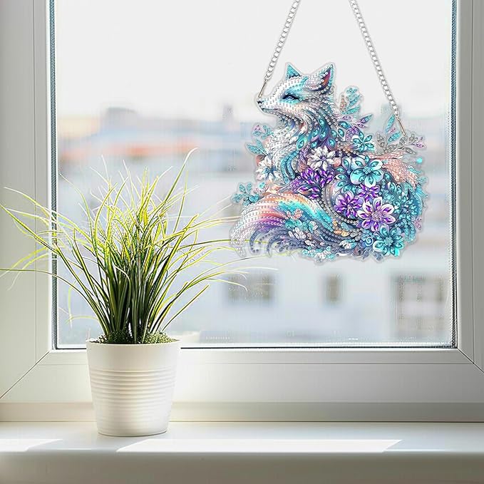 SENQAO Fox Hanging Diamond Art Painting Kits for Adults Beginners, 5D Special Shape Diamond Art Kits, Fox Flower Crystal Rhinestones Diamond Gem Art Painting for Home Garden Wall Decor