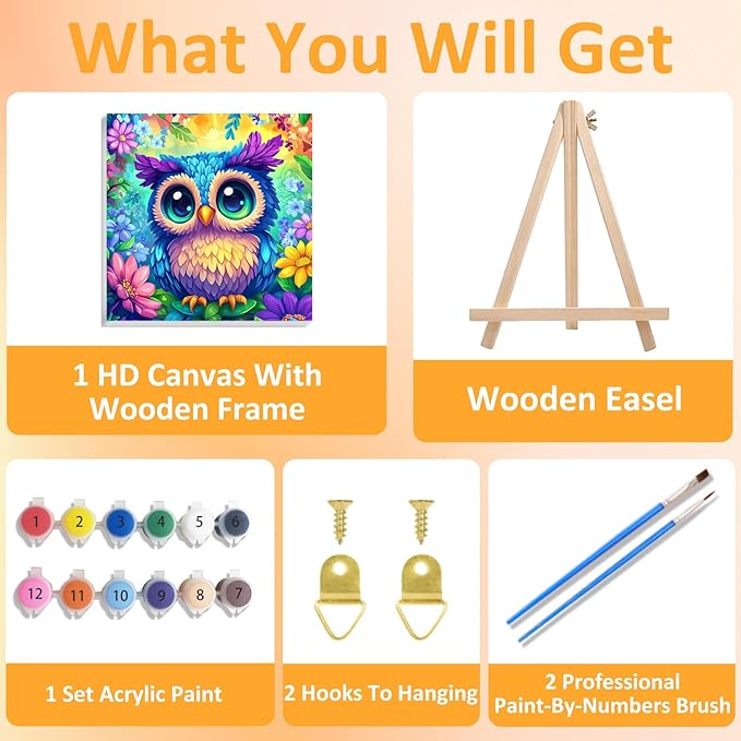 Owl Paint by Numbers Kit for Kids with Frame, Owl Paint by Numbers for Kids Ages 4-8-12, DIY Acrylic Oil Painting for Home Wall Art Decor Gift 7.8x7.8 inch (with Frame Easel)